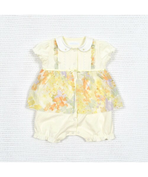 fillot de bebe reduction（フィヨデュベベルダクティオン）の「シフォン花プリントレーシーカバーオール(70~80cm)（ロンパース・キッズ・ピンク/イエロー・S (70-80㎝)/S(70-80cm)）」の2枚目の写真