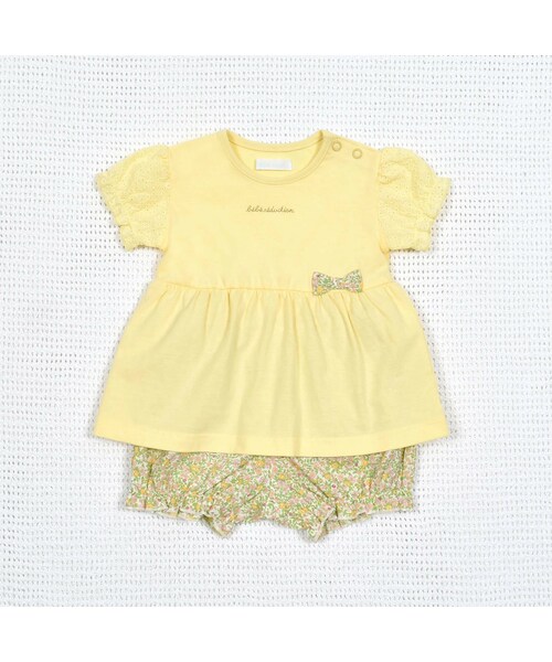 fillot de bebe reduction（フィヨデュベベルダクティオン）の「パフスリーブAラインTシャツ＆花プリントブルマ(70~90cm)（アンサンブル・キッズ・ピンク/イエロー・S(70-80cm)/S (70-80㎝)）」の2枚目の写真