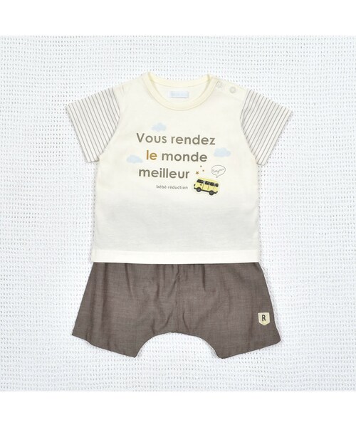 fillot de bebe reduction（フィヨデュベベルダクティオン）の「天竺袖ボーダーTシャツ&ダンガリーパンツセット(70~90cm)（アンサンブル・キッズ・ブルー/ホワイト・S(70-80cm)）」の2枚目の写真