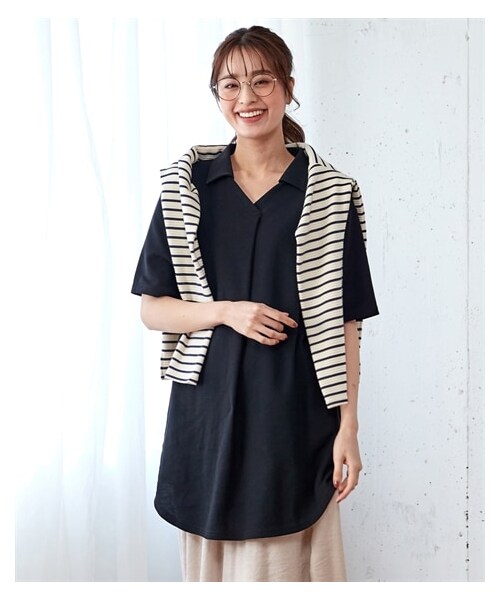 nissen（ニッセン）の「吸汗速乾・ＵＶカットカノコゆるシルエット５分袖ポロチュニック＜大きいサイズ有＞（チュニック・レディース・黒/オフホワイト/ネイビー/杢グレー/マホガニーブラウン/カージナルレッド/フォレストグリーン/ピンク/ブルー/セージグリーン/ターコイズグリーン/ラベンダー/アッシュカーキ・L/LL/3L/4L/5L/6L/8L/10L/S/M）」の10枚目の写真