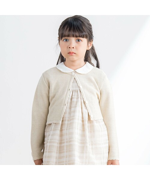 Tartine et Chocolat(タルティーヌエショコラ)の「【UVカット】【日本製】ガーター編みラメセーターカーディガン(90~130cm)(その他トップス・キッズ・ベージュ・110cm)」の1枚目の写真