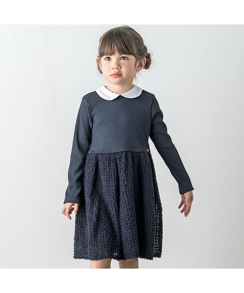 Tartine et Chocolat(タルティーヌエショコラ)の「【日本製】フェザーシフォン襟付きワンピース(100~140cm)(ワンピース・キッズ・ブルー・110cm)」の1枚目の写真