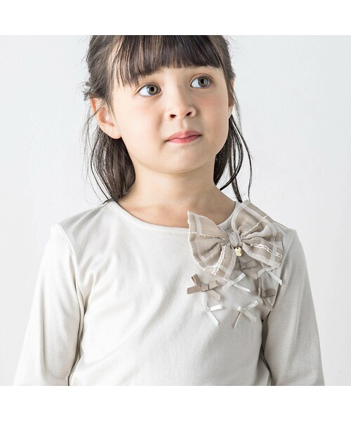 スムース麻スラブ入りチェック柄リボン付きTシャツ(90~140cm)