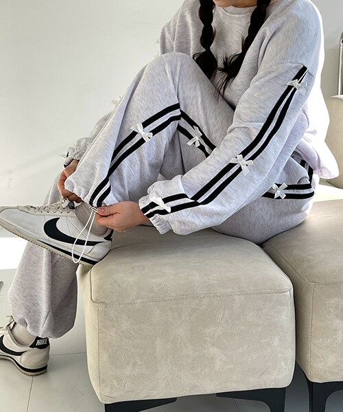 DHOLIC(ディーホリック)の「2WAYリボンラインスウェットパンツ(スウェットパンツ・レディース・ピンク/ホワイトメランジ/ブラック・FREE)」の1枚目の写真