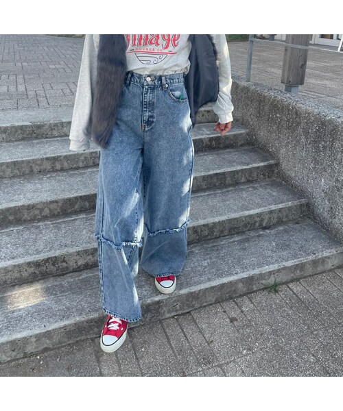 copine(コピン)の「裾切替ワイドデニムパンツ(2size)(デニムパンツ・レディース・ブリーチ・S/M)」の1枚目の写真