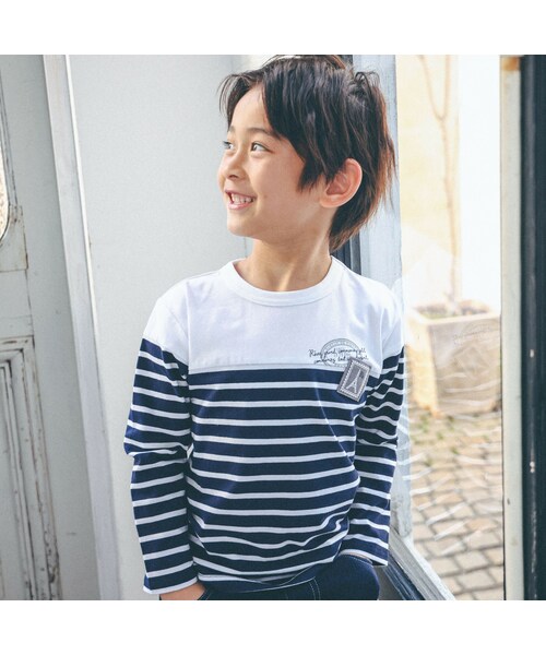 BeBe(ベベ)の「肩抜きボーダー切替Tシャツ(80~150cm)(Tシャツ/カットソー・キッズ・ブルー/グレー・110)」の1枚目の写真