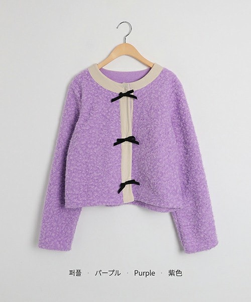 DHOLIC（ディーホリック）の「配色リボンファータッチジャケット（ノーカラージャケット・レディース・パープル/アイボリー/ブラック/ピンク・FREE）」の4枚目の写真