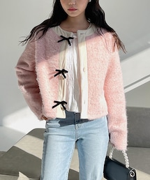 DHOLIC | 配色リボンファータッチジャケット(ノーカラージャケット)