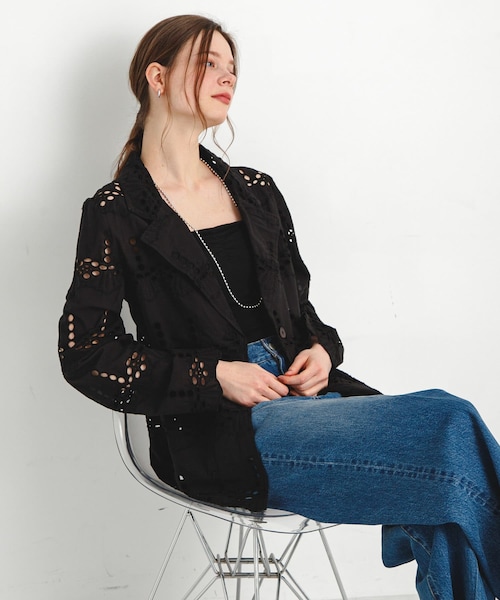 URBAN RESEARCH Sonny Label（アーバンリサーチサニーレーベル）の「コットンレースジャケット（テーラードジャケット・レディース・ブラック/オフ・FREE）」の2枚目の写真