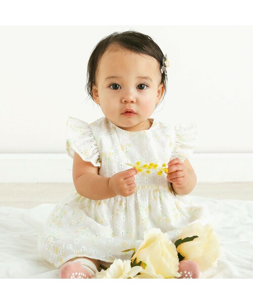 SLAP SLIP BABY(スラップスリップベビー)の「花柄シフォンレースワンピース+カラーブルマセットアップベビー(70~80cm)(その他ベビーウェア・キッズ・イエロー/ピンク・ワンサイズ(70-80cm))」の1枚目の写真