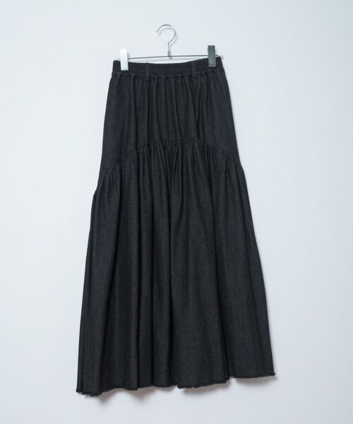 Crisp（クリスプ）の「ギャザーデザインフリンジデニムスカート[c2R3404]（デニムスカート・レディース・ブラック/ブルー/ネイビー・FREE）」の4枚目の写真