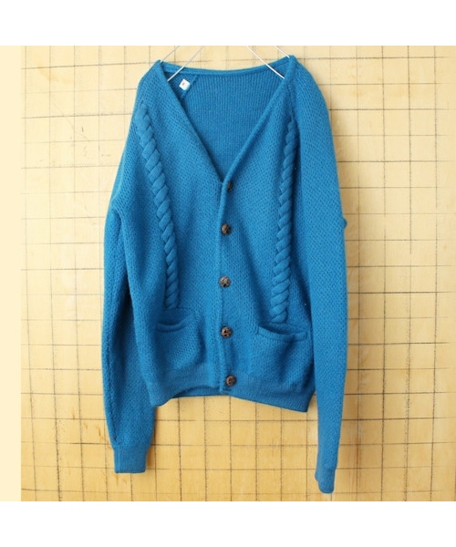 の「60s 70s USA ウール ニット カーディガン ブルー メンズM相当