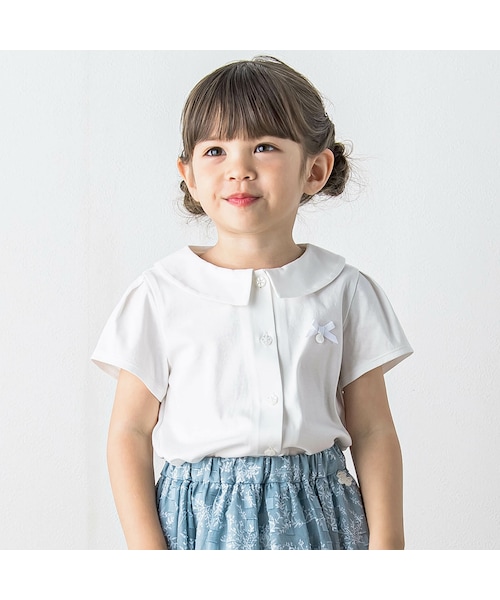 Tartine et Chocolat(タルティーヌエショコラ)の「リボン付きバイオシルケットスムースブラウス(90~140cm)(シャツ/ブラウス・キッズ・ホワイト・110cm)」の1枚目の写真