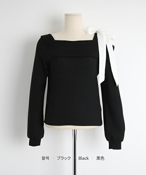 DHOLIC（ディーホリック）の「ショルダー配色リボンリブTシャツ（Tシャツ/カットソー・レディース・ブラック/アイボリー/ピンク/ミント・FREE）」の3枚目の写真