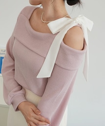 DHOLIC | ショルダー配色リボンリブTシャツ(Tシャツ/カットソー)