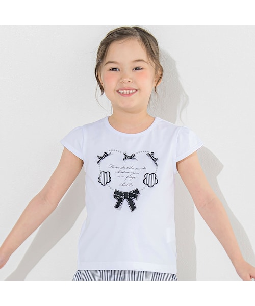 BeBe(ベベ)の「ハートリボンキャップスリーブ天竺Tシャツ(80~150cm)(Tシャツ/カットソー・キッズ・ホワイト/グリーン・110)」の1枚目の写真