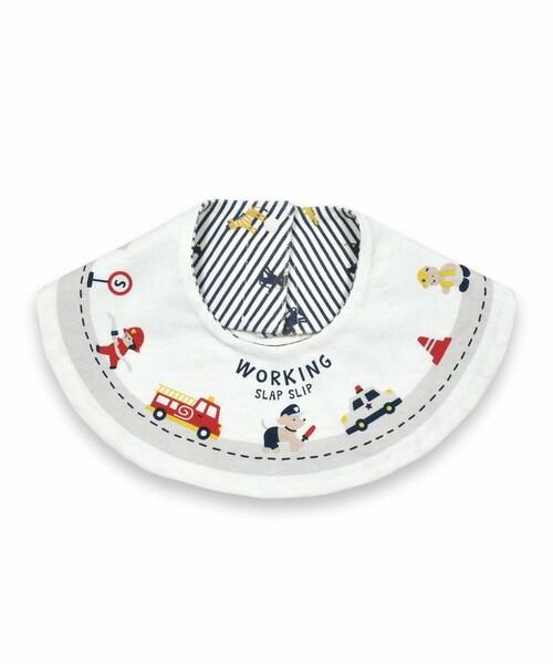 SLAP SLIP BABY（スラップスリップベビー）の「【お揃い】恐竜アニマルプリントボーダー柄リバーシブルスタイベビー（スタイ/よだれかけ・キッズ・イエロー/ホワイト/ブルー・ﾜﾝｻｲｽﾞ）」の2枚目の写真