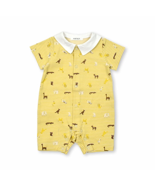 SLAP SLIP BABY（スラップスリップベビー）の「【お揃い】襟付き恐竜アニマルプリントボーダー柄ロンパースベビー(60~80cm)（ロンパース・キッズ・グリーン/イエロー・70）」の2枚目の写真