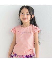 BeBe（ベベ）の「シフォンフラワー袖ラインストーンTシャツ(90~150cm)（Tシャツ/カットソー・キッズ）」