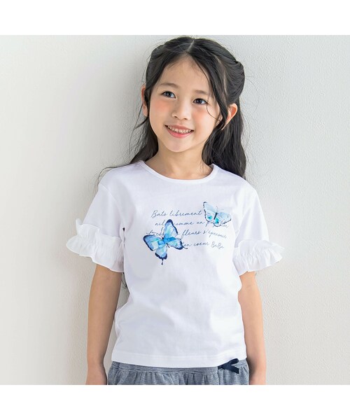 BeBe(ベベ)の「水彩風ちょうちょプリント半袖Tシャツ(90~150cm)(Tシャツ/カットソー・キッズ・ホワイト/パープル・110)」の1枚目の写真