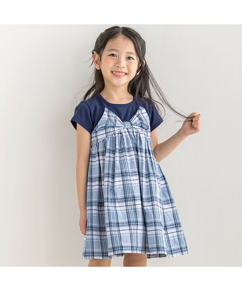 BeBe(ベベ)の「マドラスチェックドッキングリボンワンピース(80~140cm)(ワンピース・キッズ・ブルー・110)」の1枚目の写真