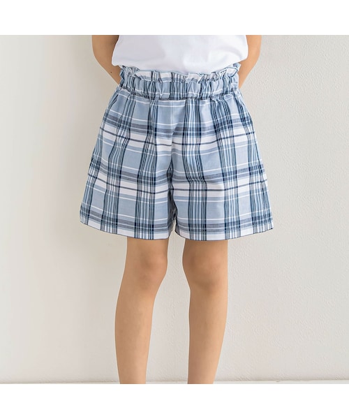 BeBe(ベベ)の「先染めチェックショートパンツ(90~150cm)(その他パンツ・キッズ・ブルー・110)」の1枚目の写真