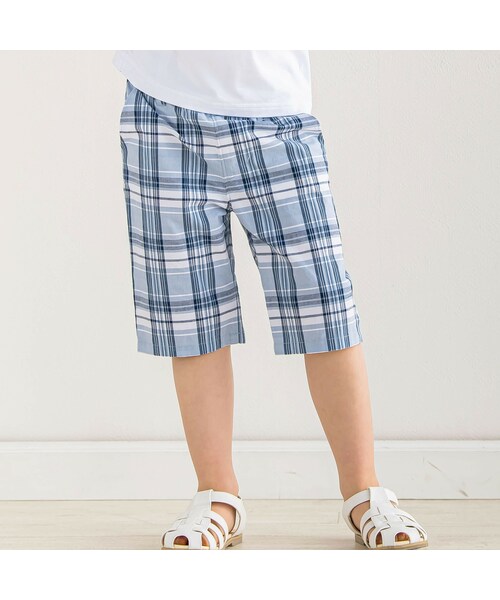 BeBe(ベベ)の「先染めチェックハーフパンツ(90~150cm)(その他パンツ・キッズ・ブルー・110)」の1枚目の写真