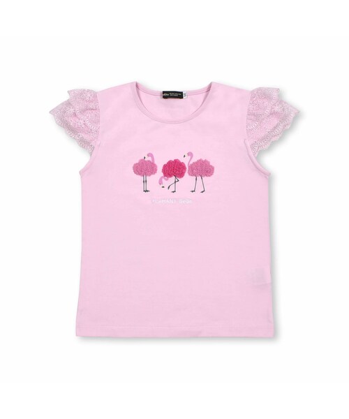 BeBe（ベベ）の「レース袖フラミンゴフリルTシャツ(90~150cm)（Tシャツ/カットソー・キッズ・ホワイト/ピンク・110）」の2枚目の写真