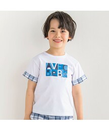 BeBe（ベベ）の「グラフィックロゴプリント袖切り替え半袖Tシャツ(90~150cm)（Tシャツ/カットソー・キッズ）」