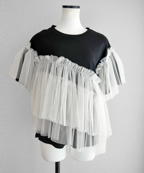 Marient（マリエント）の「チュールドッキングTee（Tシャツ/カットソー・レディース・ホワイト/ブラック・FREE）」の2枚目の写真