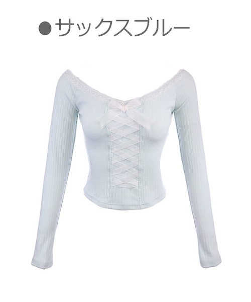 Bobon21（ボボンニジュウイチ）の「レースアップオフショルバレエコアブラウス-全２色-（シャツ/ブラウス・レディース・ピンク/ブルー・S/M/L）」の2枚目の写真