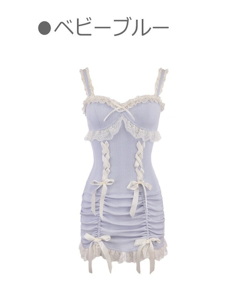 Bobon21（ボボンニジュウイチ）の「裾シャーリングリボンキャミワンピース-全２色-（ワンピース・レディース・ピンク/ブルー・S/M/L）」の2枚目の写真