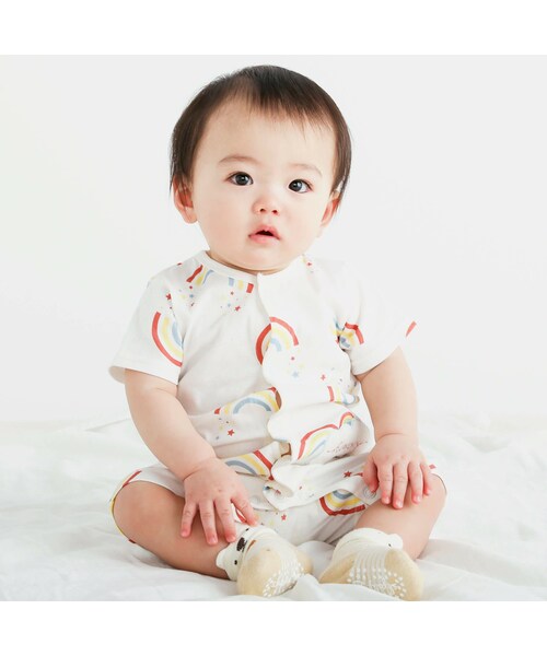 SLAP SLIP BABY(スラップスリップベビー)の「総柄プリントワッペン付半袖ロンパースベビー(60~80cm)(ロンパース・キッズ・ホワイト/ブルー/その他/グリーン・70cm)」の1枚目の写真