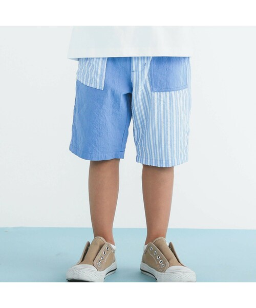 SLAP SLIP(スラップスリップ)の「ストライプ/レモン柄切り替えハーフパンツ(80~130cm)(その他パンツ・キッズ・ブルー/イエロー・110)」の1枚目の写真