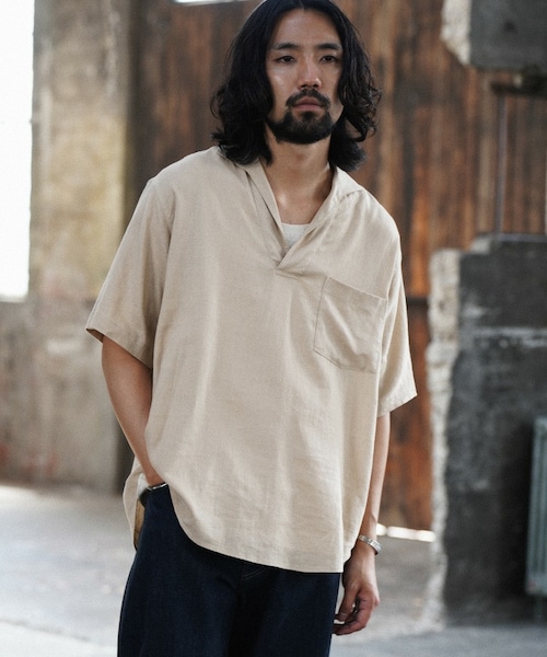 shiun（シウン）の「LINEN SKIPPER SHIRT（シャツ/ブラウス・メンズ・ブラック/ベージュ・XS/S/M）」の2枚目の写真