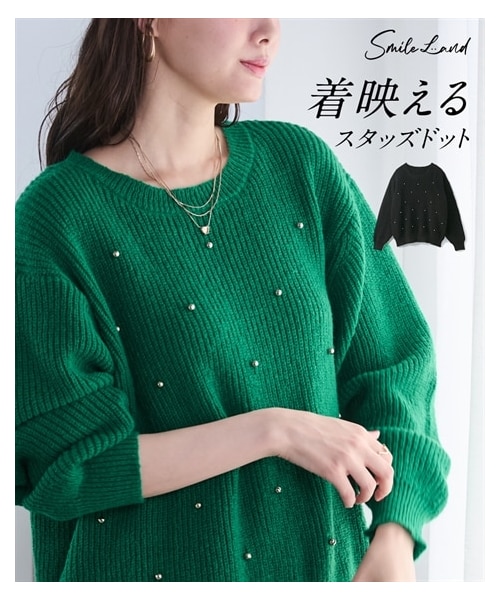 nissen（ニッセン）の「＜大きいサイズ＞ゆるシルエットスタッズドットニットプルオーバー（ニット/セーター・レディース・フォレストグリーン/黒・L~LL/3L~4L/5L~6L/8L/10L）」の2枚目の写真