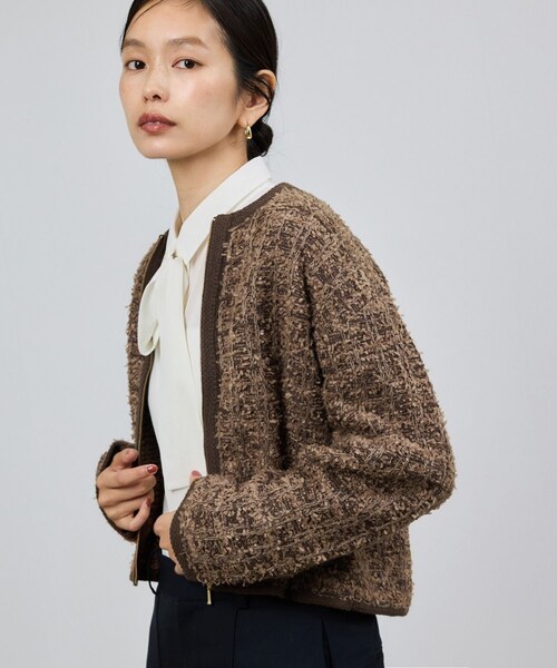 ROPE'（ロペ）の「ツイードZIPノーカラーカーディガン/イージーケア（カーディガン/ボレロ・レディース・ブラウン/キナリ/ブラウン系・F）」の6枚目の写真