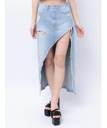 GYDA | ハイウエストレイヤードリメイクロングデニムスカートライクショートパンツ(デニムスカート)