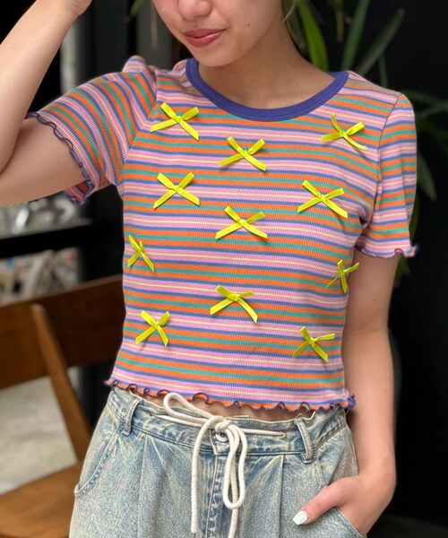 CIAOPANIC（チャオパニック）の「【5/31(金)12:00～販売開始】【HELLO.SANFRANCISCO/ハローサンフランシスコ】マルチボーダーリボンTee（Tシャツ/カットソー・レディース・ホワイト/イエロー/ピンク・ONE）」の3枚目の写真