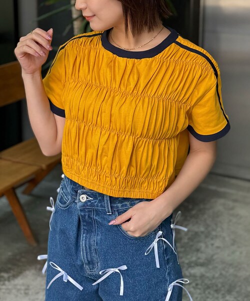 CIAOPANIC(チャオパニック)の「シャーリングリンガーTシャツ(Tシャツ/カットソー・レディース・ホワイト/イエロー/ネイビー・F)」の3枚目の写真