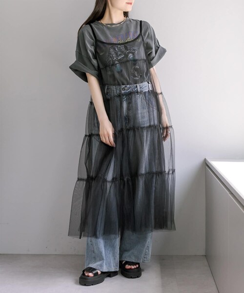 PUAL CE CIN(ピュアルセシン)の「チュールキャミワンピース(ワンピース/ドレス・レディース・グレー/ブラック・FREE)」の2枚目の写真