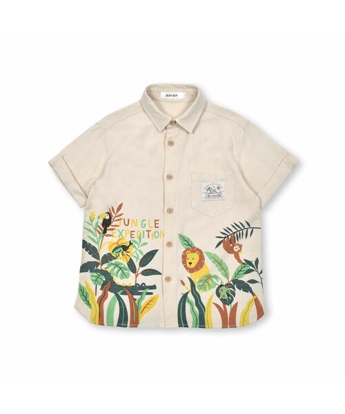 SLAP SLIP(スラップスリップ)の「【お揃い】【接触冷感】サファリプリント柄麻レーヨンシャツ(90~130cm)(シャツ/ブラウス・キッズ・グリーン/ベージュ・110)」の2枚目の写真