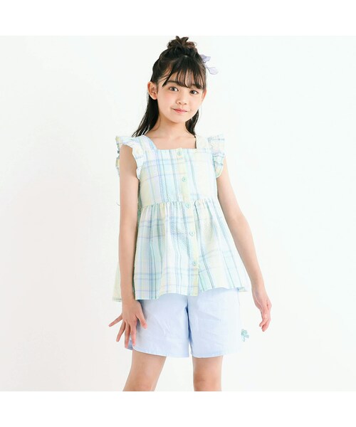 SLAP SLIP（スラップスリップ）の「マドラスチェック柄チュニック+裾リボンショートパンツ2点セット(80~140cm)（その他トップス・キッズ・ピンク/グリーン・110/140）」の2枚目の写真