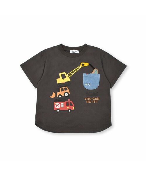 SLAP SLIP（スラップスリップ）の「【お揃い】はたらくくるまプリント恐竜ひょっこりポケット付き半袖Tシャツ(80~120cm)（Tシャツ/カットソー・キッズ・ホワイト/グレー・110）」の2枚目の写真