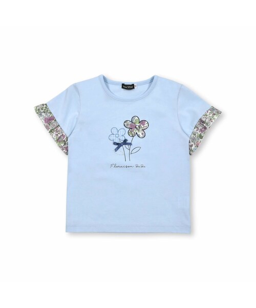 BeBe（ベベ）の「ブーケフラワーパッチ刺しゅうフリル袖Tシャツ(90~150cm)（Tシャツ/カットソー・キッズ・ピンク/ブルー・110）」の2枚目の写真