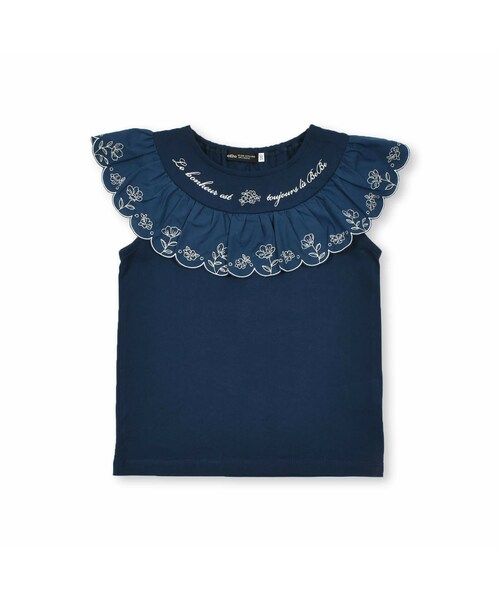 BeBe（ベベ）の「スカラップお花刺しゅうヨークフリルTシャツ(90~150cm)（Tシャツ/カットソー・キッズ・ホワイト/ブルー・110）」の2枚目の写真