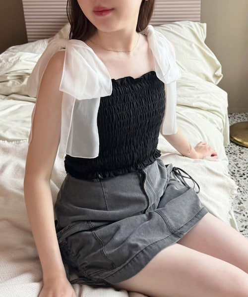 one after another NICE CLAUP（ワンアフターアナザーナイスクラップ）の「リボン取り外し可/シャーリングビスチェ（その他トップス・レディース・ホワイト系その他/ピンク系その他/グレー/ブラック・FREE）」の2枚目の写真