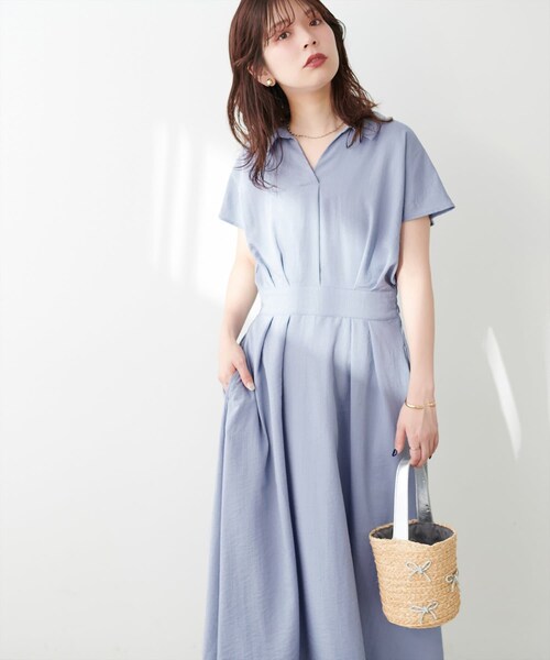 natural couture（ナチュラルクチュール）の「【WEB限定】涼しげスキッパー衿お上品ワンピース(Lサイズ)（シャツワンピース・レディース・ピンク/サックスブルー/ブラック/ブラック系その他・L）」の4枚目の写真