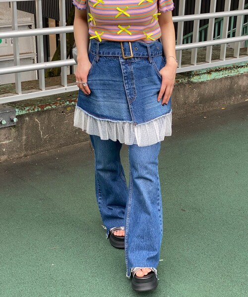 CIAOPANIC(チャオパニック)の「チュールドッキングデニム巻きスカート(デニムスカート・レディース・インディゴブルー・ONE)」の1枚目の写真