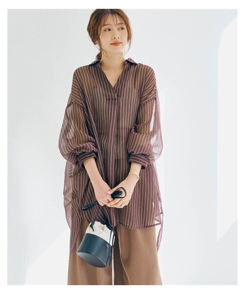 nissen（ニッセン）の「シアースキッパーシャツチュニック（チュニック・レディース・ブルー系ストライプ/ブラウン系ストライプ/チャコールグレー・S/M/L/LL）」の8枚目の写真